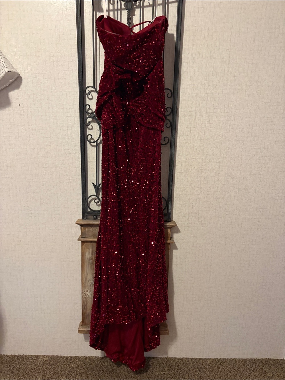 Sequined Strapless Burgundy Prom Gown